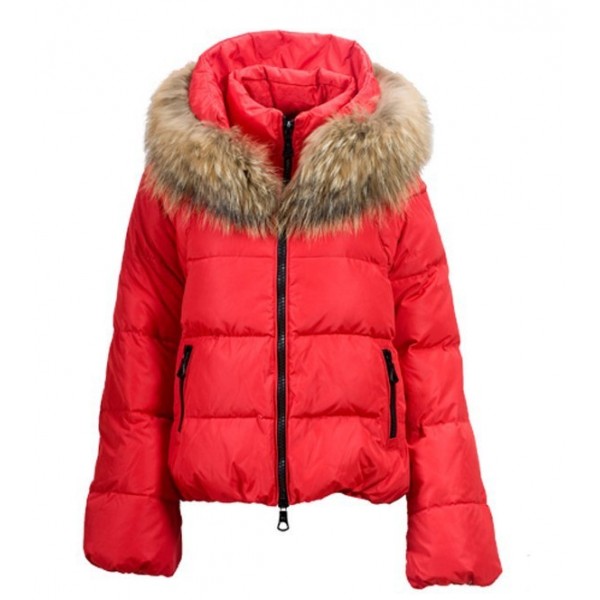 Moncler Donna cappotti con brillanti Watermelon rosso e collo di pelliccia Moncler Donna cappotti con brillanti Watermelon rosso e collo di pelliccia